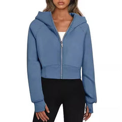 Casual Zippered Hooded Sweatshirt Fleece Sport Cardigan Fashion Hoodies Short Tops Womens Clothing