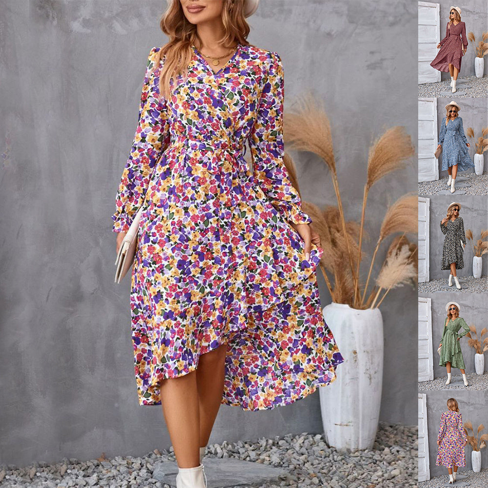 Flowers Print Long Sleeve Dress Fashion Ruffled Commuter Temperament Dresses Womens Clothing