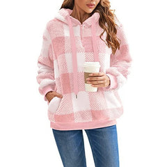 Fashion Plaid Hooded Sweatshirt With Pockets Casual Zipper Plush Tops For Womens Clothing