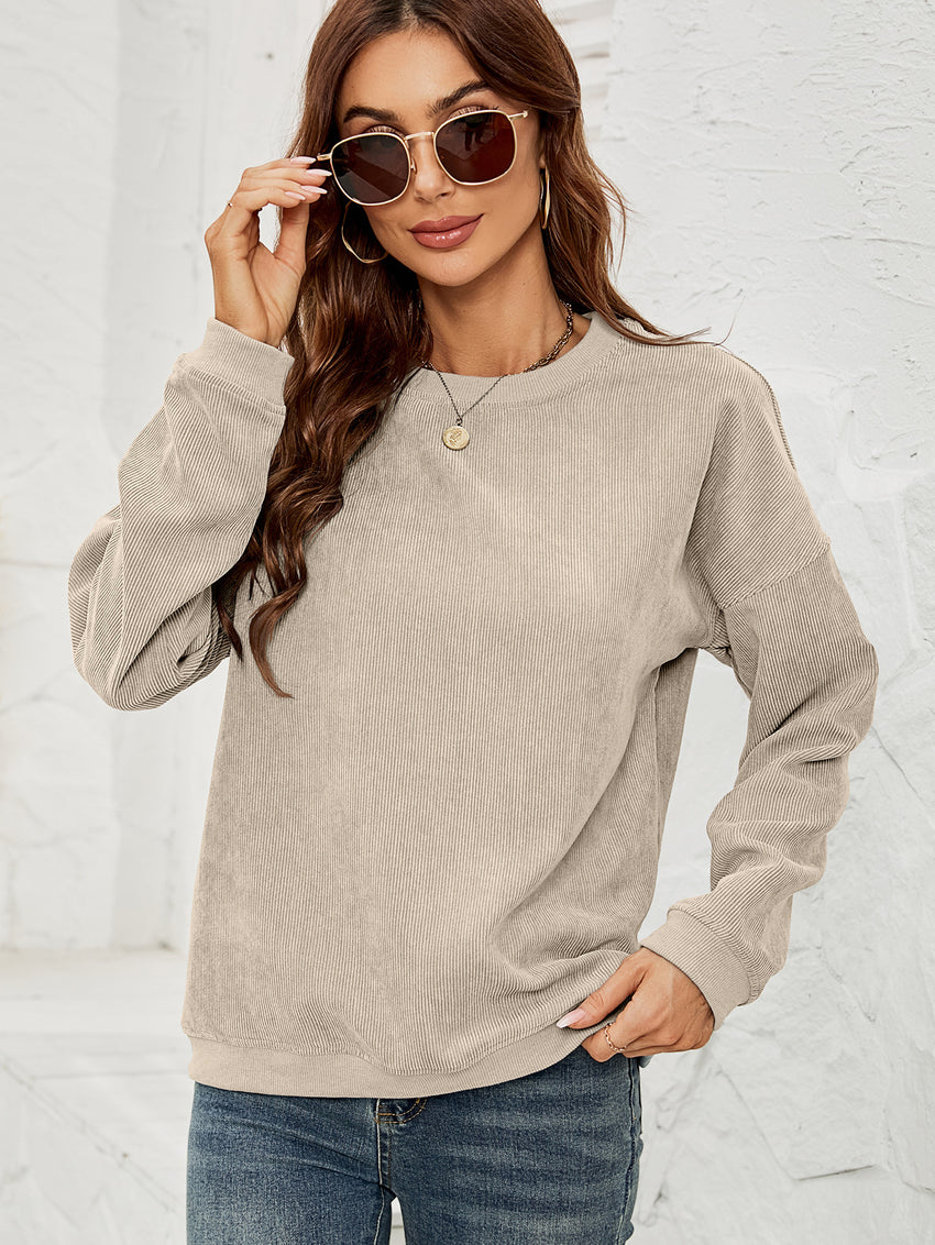 Corduroy Pullover Sweatshirt Casual Fashion Solid Round Neck Long-sleeved Tops Spring And Autumn Clothing For Women