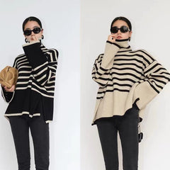 Fashion Striped Turtleneck Sweater Casual Loose Slit Design Sweater Winter Tops Womens Clothing