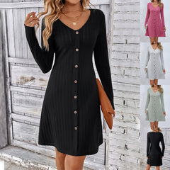 Fashion V-neck Long Sleeves Dress With Button Waist-controlled Design Slim Dresses Womens Clothing