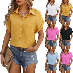 Summer Loose Short Sleeve Pocket Casual Champray Shirt Womens Clothing