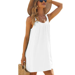 Solid Color Loose Beach Dress Casual Vacation Suspender Dresses Summer Round-neck Womens Clothing