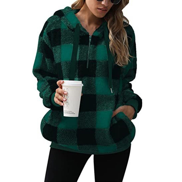 Fashion Plaid Hooded Sweatshirt With Pockets Casual Zipper Plush Tops For Womens Clothing