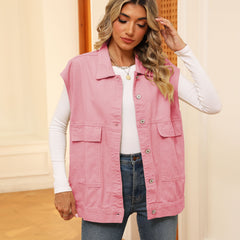 Denim Vest With Big Pockets Fashion Sleeveless Outwear Vest For Womens Clothing