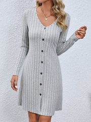 Fashion V-neck Long Sleeves Dress With Button Waist-controlled Design Slim Dresses Womens Clothing