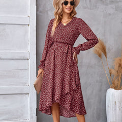 Flowers Print Long Sleeve Dress Fashion Ruffled Commuter Temperament Dresses Womens Clothing