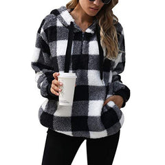 Fashion Plaid Hooded Sweatshirt With Pockets Casual Zipper Plush Tops For Womens Clothing