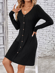 Fashion V-neck Long Sleeves Dress With Button Waist-controlled Design Slim Dresses Womens Clothing