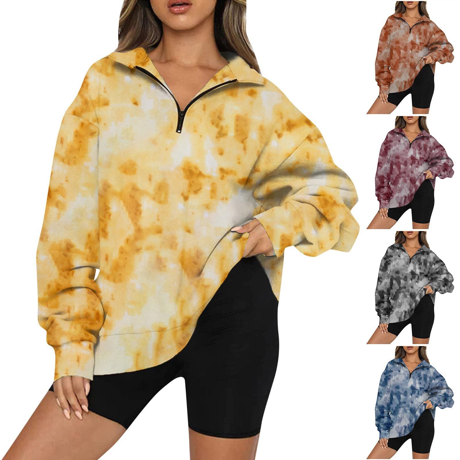 Tie Dye Printed Zippered Lapels Sweatshirt Womens Clothing Long Sleeve Loose Pocketless Top