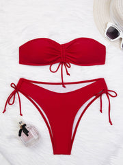 Drawstring Design Tube Bikini Summer Solid Color Sexy Swimsuit For Beach Party Womens Clothing