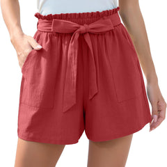 Fashion Ruffle Bow Waist Tie Shorts Summer Beach Pants With Pockets Womens Clothing