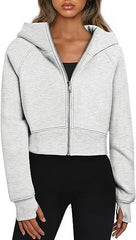 Casual Zippered Hooded Sweatshirt Fleece Sport Cardigan Fashion Hoodies Short Tops Womens Clothing