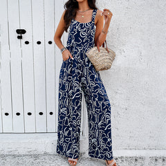 Fashion Print Square Neck Jumpsuit With Pockets Spring Summer Casual Loose Overalls Womens Clothing