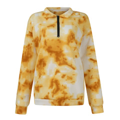 Tie Dye Printed Zippered Lapels Sweatshirt Womens Clothing Long Sleeve Loose Pocketless Top